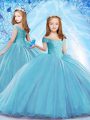 Off The Shoulder Cap Sleeves Little Girl Pageant Dress Brush Train Beading Baby Blue Organza