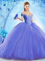 Free and Easy Off The Shoulder Sleeveless Brush Train Lace Up 15th Birthday Dress Blue Organza