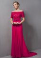Elegant Hot Pink Off The Shoulder Zipper Lace Mother Of The Bride Dress Sweep Train Short Sleeves