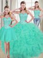 Admirable Sleeveless Beading and Ruffled Layers Lace Up Quinceanera Dress with Turquoise Brush Train