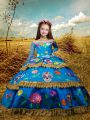 Ball Gowns Child Pageant Dress Blue High-neck Taffeta Long Sleeves Floor Length Lace Up
