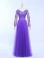 Long Sleeves Tulle Floor Length Lace Up Womens Evening Dresses in Lavender with Lace and Appliques