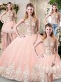 Peach High-neck Neckline Beading and Lace and Appliques Vestidos de Quinceanera Sleeveless Backless
