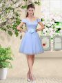 Glamorous Lace and Belt Bridesmaid Gown Lavender Lace Up Cap Sleeves Knee Length