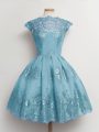 Scalloped Cap Sleeves Lace Up Wedding Guest Dresses Aqua Blue Tulle