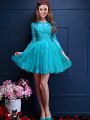 Scalloped 3 4 Length Sleeve Court Dresses for Sweet 16 Mini Length Beading and Lace and Appliques Aqua Blue Chiffon