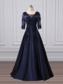 Scoop 3 4 Length Sleeve Brush Train Zipper Mother Of The Bride Dress Navy Blue Satin