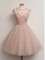 Chic Peach Ball Gowns Tulle Scoop Cap Sleeves Lace Knee Length Lace Up Bridesmaids Dress