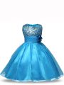 Latest Baby Blue Sleeveless Knee Length Sequins and Hand Made Flower Zipper Little Girl Pageant Gowns