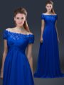 Elegant Floor Length Lace Up Mother Of The Bride Dress Blue for Prom and Party with Appliques