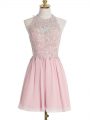 Sleeveless Knee Length Appliques Lace Up Dama Dress with Pink