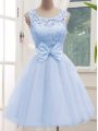 Lavender Tulle Lace Up Scoop Sleeveless Knee Length Bridesmaid Gown Lace