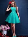 High End A-line Quinceanera Dama Dress Turquoise Bateau Tulle Sleeveless Knee Length Lace Up