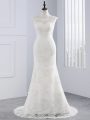 Perfect White Sleeveless Lace Brush Train Zipper Wedding Dresses for Wedding Party