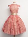 Wonderful High-neck Cap Sleeves Lace Up Quinceanera Court of Honor Dress Watermelon Red Lace