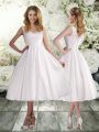 High End Tea Length Lace Up Wedding Gown White for Beach and Wedding Party with Appliques