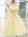 Light Yellow Sleeveless Knee Length Lace and Bowknot Lace Up Bridesmaid Dresses