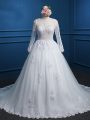Lace and Appliques Wedding Dress White Zipper Long Sleeves Court Train