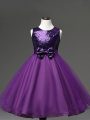 Sleeveless Tulle Tea Length Zipper Girls Pageant Dresses in Purple with Sequins and Bowknot