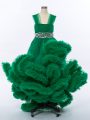 Straps Sleeveless Little Girls Pageant Dress Wholesale High Low Beading and Hand Made Flower Dark Green Tulle