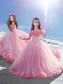 Gorgeous Baby Pink Lace Up Little Girls Pageant Gowns Hand Made Flower Sleeveless Court Train