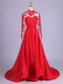 Ideal Red Long Sleeves Brush Train Lace and Appliques Mother Of The Bride Dress