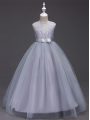 Grey Sleeveless Lace Floor Length Pageant Gowns For Girls