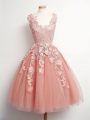 V-neck Sleeveless Lace Up Quinceanera Dama Dress Peach Tulle