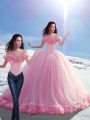 Eye-catching Baby Pink Sleeveless Brush Train Hand Made Flower Sweet 16 Dresses