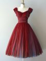 Rust Red Cap Sleeves Chiffon Lace Up Bridesmaid Dresses for Prom and Party and Military Ball and Sweet 16
