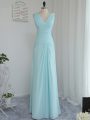 V-neck Sleeveless Zipper Quinceanera Court of Honor Dress Aqua Blue Chiffon