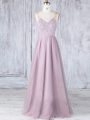 Latest Pink Tulle Clasp Handle Bridesmaid Gown Sleeveless Floor Length Lace