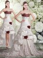 Modest Sleeveless Embroidery and Ruffles and Hand Made Flower Backless Wedding Dresses with White And Red Brush Train