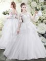 White Wedding Dress Tulle Brush Train Half Sleeves Lace and Ruffles