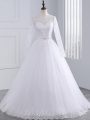 Eye-catching White Tulle Zipper Scalloped Long Sleeves Wedding Gown Brush Train Lace and Appliques