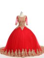 Designer Tulle Half Sleeves Quinceanera Dress Brush Train and Lace and Appliques
