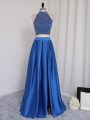 Royal Blue Elastic Woven Satin Zipper Halter Top Sleeveless Floor Length Dress for Prom Beading