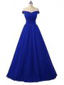 Cute Royal Blue A-line Off The Shoulder Sleeveless Tulle Floor Length Lace Up Ruching Prom Evening Gown