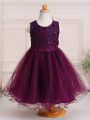 Trendy Burgundy A-line Tulle Scoop Sleeveless Appliques Knee Length Zipper Little Girls Pageant Gowns