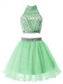 Flare Apple Green Zipper Bridesmaid Dress Beading Sleeveless Mini Length