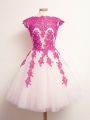 Multi-color A-line Tulle Scalloped Sleeveless Appliques Mini Length Lace Up Quinceanera Dama Dress