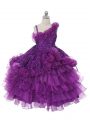 Customized Purple Asymmetric Neckline Lace and Ruffles and Ruffled Layers Pageant Gowns For Girls Sleeveless Lace Up
