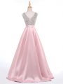 Baby Pink V-neck Neckline Beading Prom Party Dress Sleeveless Backless
