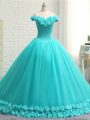 Fabulous Aqua Blue Sweet 16 Dress Military Ball and Sweet 16 and Quinceanera with Hand Made Flower Off The Shoulder Sleeveless Court Train Lace Up