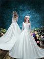 Lace Up Flower Girl Dresses for Less White for Wedding Party with Lace and Bowknot Court Train