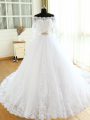 White Long Sleeves Court Train Beading and Lace and Appliques Wedding Gowns