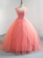 Simple Watermelon Red V-neck Lace Up Beading Quince Ball Gowns Sleeveless