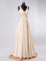Sleeveless Beading and Lace and Hand Made Flower Backless Prom Evening Gown with Champagne Sweep Train