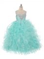 Eye-catching Straps Sleeveless Little Girls Pageant Gowns Floor Length Beading and Ruffles Aqua Blue Organza