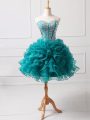 Teal A-line Beading and Ruffles Military Ball Dresses For Women Lace Up Organza Sleeveless Mini Length